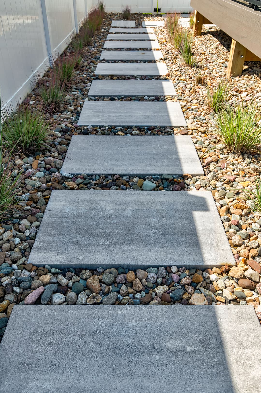 Concrete stepping stones in a gravel pathway with ornamental grasses on the sides.