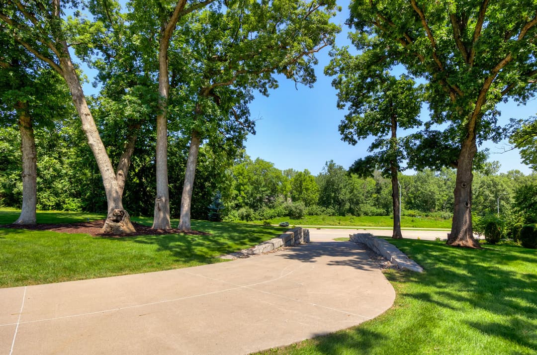 Scenic view of a pathway surrounded by trees and lush greenery on a sunny day.