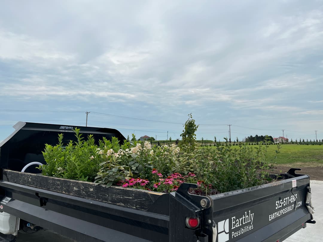 Pickup truck bed filled with colorful flowers and greenery against an overcast sky.