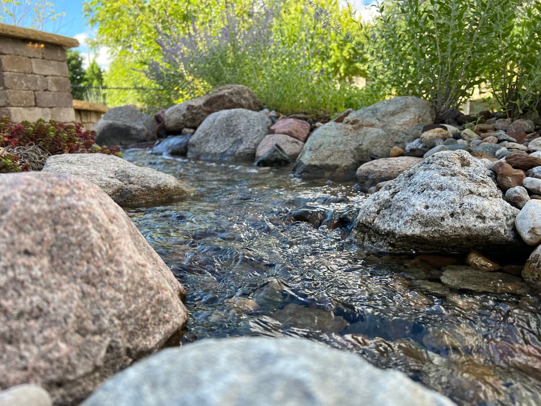 Tranquil garden stream flowing over smooth rocks surrounded by lush green plants.